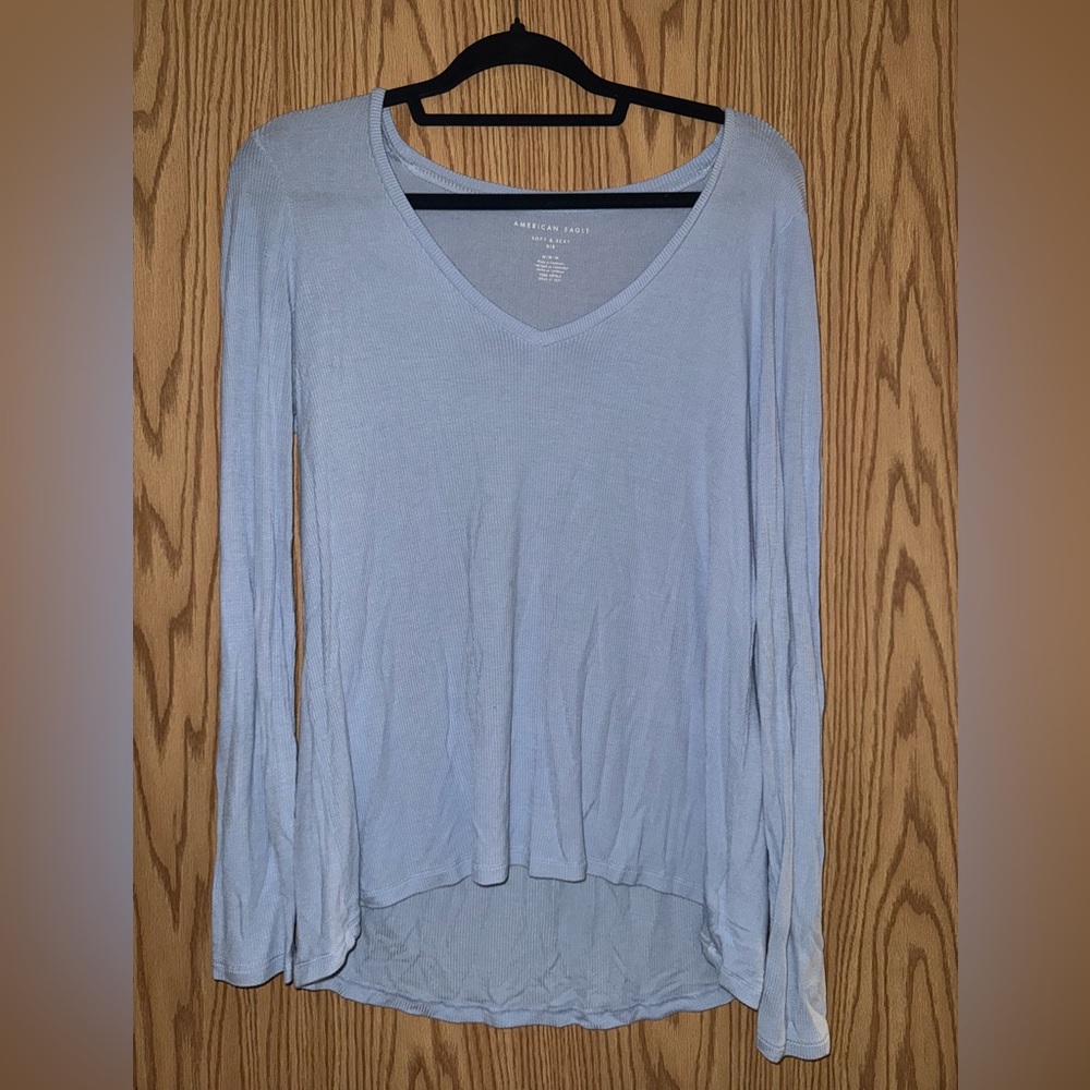 American Eagle Outfitters Women's Light Blue V-Neck Top